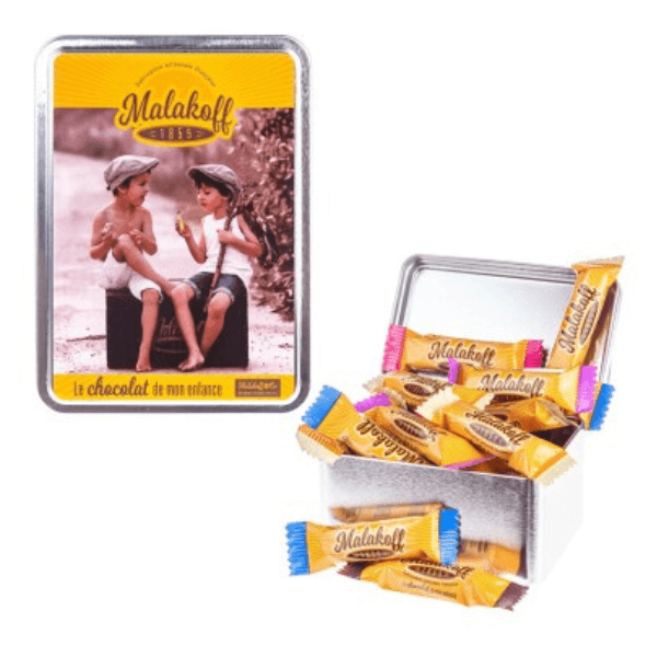 malakoff boite metal avec 15 barres chocolats melanges